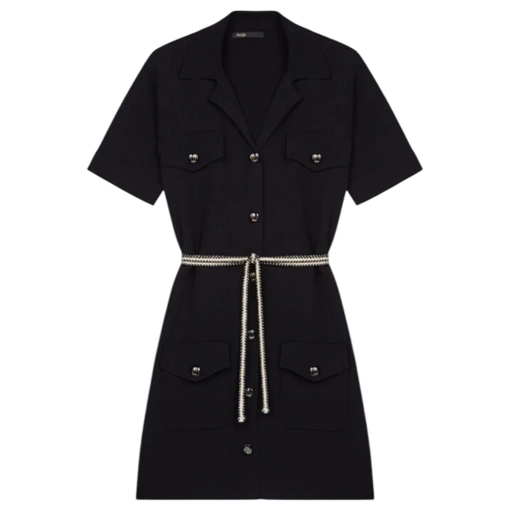 Maje Black Short-Sleeve Mini Dress with Silver-Tone Rope Belt